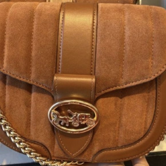 Trending Suede/ Leather Coach quilted crossbody bag , honey/ toffee/ tan color - Picture 2 of 3